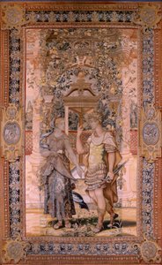 flamsk billedvev. Serien Vertumnus og Pomona. Vertumnus forvandlet til en kriger. Fjerde billedvev i serien. Modellsirkel av Pieter Coecke van Aelst. Produksjon Wilhelm Pannemaker, Brussel. Ca1545-1550. Stoff Gull, sølv, silke og ull. Størrelse 425
