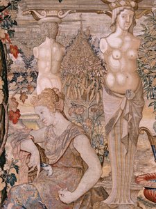 flamsk billedvev. Serien Vertumnus og Pomona. Vertumnus forvandlet til en gammel kvinne. Vertumnus forvandlet til en gammel kvinne. Sjette billedvev i serien. Modellsirkel av Pieter Coecke van Aelst. Produksjon Wilhelm Pannemaker, Brussel. Ca 1545-1550.