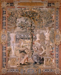 flamsk billedvev. Serien Vertumnus og Pomona. Vertumnus forvandlet til en gammel kvinne. Vertumnus forvandlet til en gammel kvinne. Sjette billedvev i serien. Modellsirkel av Pieter Coecke van Aelst. Produksjon Wilhelm Pannemaker, Brussel. Ca1545-1550. F