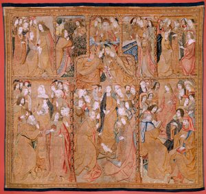 flamsk billedvev. Serien Triumphs of the Mother eller Paños de Oro. Kristi fødsel (Nacimiento de Cristo). Tredje billedvev i serien. Modell Colin de Cooter (?). Produksjon Pieter van Aelst (eller van Edingen), Brussel. Ca 1500-1502. Stoff Gull, sølv, sil
