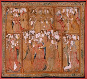 flamsk billedvev. Serien Triumphs of the Mother eller Paños de Oro. Gud sendte erkeengelen Gabriel (Dios envía al Arcángel Gabriel). Første billedvev i serien. Modell Colin de Cooter(?). Produksjon Pieter van Aelst (eller van Edingen), Brussel. Ca1500-1502