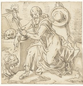 Saint Hieronymus sitter ved et krusifiks, bok og hodeskalle av Pieter Aertsen (workshop of)