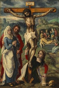 Kristus på korset, med gravleggingen i bakgrunnen, ca. 1530