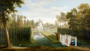 En utsikt over Chiswick Gardens mot baksiden av Bagnio (Cascina) Chiswick House (olje på lerret)