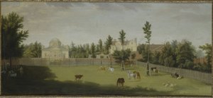Utsikt over den nye villaen, det gamle huset og stallen fra hele Burlington Lane, Chiswick Villa (olje på lerret)