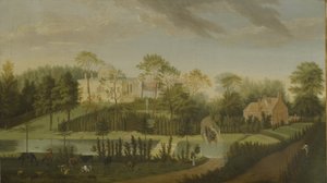 Utsikt over terrassen med utsikt over kanalen til siden av villaen, Chiswick Villa (olje på lerret)