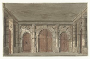 Design for et scenesett for en fengselsveranda (?) av Pieter Barbiers (I)
