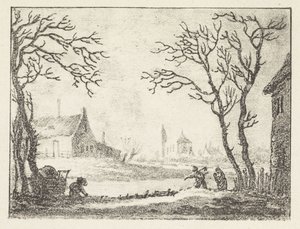 Vinterlandskap med hus og figurer av Pieter Bartholomeusz. Barbiers
