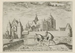 Utsikt over Veere, med ordtaket: en blind person leder en annen Landskap med bibelske scener (serietittel) av Pieter Bast