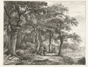 Skoglandskap med mann med ryggsekk av Pieter Casper Christ