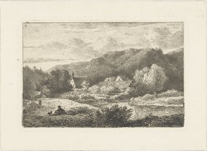 Kupert landskap med kirke og hus Vannlandskap (serietittel) av Pieter Casper Christ