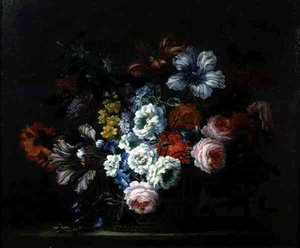 Stilleben av roser, peoner, tulipaner og Morning Glory i en kurv (olje på lerret) av Pieter Casteels