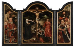 Kristus på korset med jomfruen, St. Johannes og Maria Magdalena (olje på panel) av Pieter Claeissens