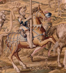 flamsk billedvev. Serien Erobringen av Tunis; Gjennomgang av troppene i Barcelona (La revista de las tropas en Barcelona). Andre billedvev i serien. Modell Jan Vermeyen og Pieter Coecke van Aelst. 1543-1548. Produksjon Real Fábrica de Tapices de Sant av Pieter Coecke van Aelst