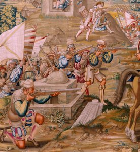 flamsk billedvev. Serien Erobringen av Tunis. Angrepet på La Goleta (Ataque a la Goleta). Fjerde billedvev i serien. Modell Jan Vermeyen og Pieter Coecke van Aelst. 1543-1548. Produksjon Real Fábrica de Tapices de Santa Bárbara, Madrid