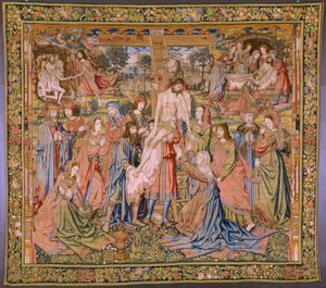flamsk billedvev. Serien The passion of Christ: Descent from the cross (Kruisafneming, Descandimiento de la cruz). Produksjon Pieter van Aelst. Tegneserieskaper Jan van Roome. Ca 1507-1520. av Pieter Coecke van Aelst