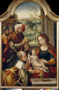 Tilbedelsen av magiene. Maleri av Pieter Coecke van Aelst den eldre (1502-1555), olje på tre, første halvdel av 1500-tallet. flamsk primitiv kunst. Statens kunstgalleri, Lviv (Ukraina).