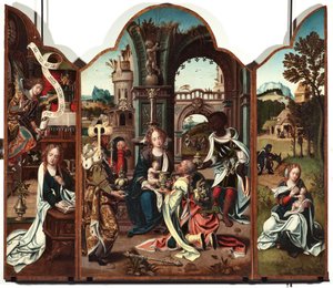 Triptych of the Adoration of the Magi Venstre panel: Annunciation - Høyre panel: Annunciation, til venstre og Flight into Egypt til høyre Maleri av Pieter Coeck van Aelst (1502-1550) Genes Musei di Strada Nuova fra 1500-tallet (ex Palazzo Bianco) inv n PB av Pieter Coecke van Aelst