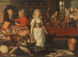 Kjøkkenscene med lignelsen om den rike mannen og den fattige Lasarus av Pieter Cornelisz. van Rijck (attributed to)