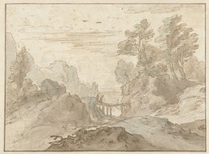 Fjelllandskap med to figurer på en smal bro av Pieter Dircksz van Santvoort (possibly)