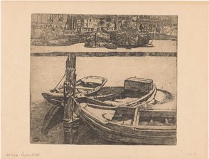 Skip i Damrak i Amsterdam av Pieter Dupont (signed by artist)