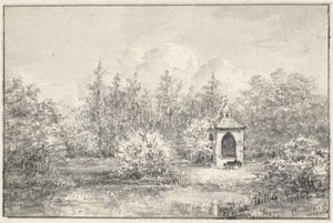 Utsikt i parken Leiduin, med et hus mellom trærne av Pieter Ernst Hendrik Praetorius