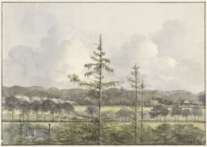 Utsikt over enger med gårder av Pieter Ernst Hendrik Praetorius