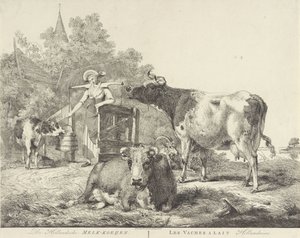 Kyr og melkepike De Hollandsche Melk-koeijen/ Les vaches â lait hollandaises (tittel på objekt) av Pieter Gerardus van Os
