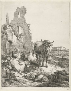 Landskap med stående og liggende ku og gjeterinne foran en ruin av Pieter Gerardus van Os