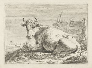 Liggende ku ved et gjerde Kyr (serietittel) av Pieter Gerardus van Os