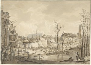 Ruiner på nordsiden av Steenschuur etter kruttkatastrofen i Leiden, 12. januar 1807 av Pieter Gerardus van Os