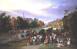 Reisende som hviler i en landsby (olje på kobber)
