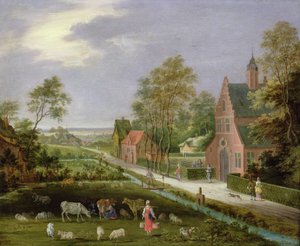 Landsbylandskap (olje på kobber)