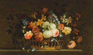 Stilleben av blomster i en kurv på en steinhylle