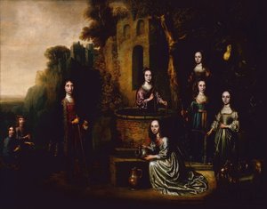 Gruppeportrett av en gentleman og en dame med fire damer til stede av Pieter Harmansz Verelst