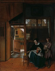 En kvinne tilbereder brød og smør til en gutt, ca. 1660