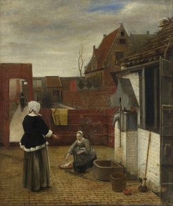 En kvinne og hennes hushjelp i en gårdsplass, ca 1661