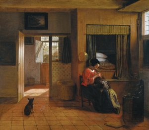 Interiør med en mor som avluser barnets hår En mors plikt, 1659-1660