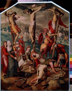 Golgata (Golgata). På Golgata blir Jesus Kristus korsfestet med de to andre dømt til døden. Han bærer INRI-tegnet (I.N.R.I.) på korset. Ved foten sørger den hellige Maria Magdalena over Jesu død, flasken hennes veltes på bakken. Sankt Veronica av Pieter I Pietersz