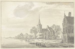 Landsbykirke og hus ved en elv