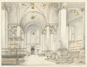 Utsikt over skipet til Nieuwe Kerk, Haarlem, med utsikt mot vest av Pieter Jansz Saenredam