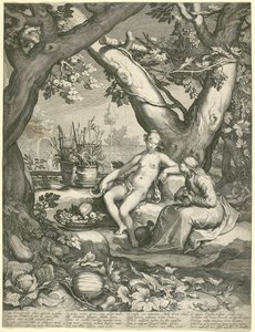 Vertumnus låner figuren til en gammel kvinne for å vinne Pomonas kjærlighet, 1605 (gravering på lagt papir) av Pieter Janszoon Saenredam