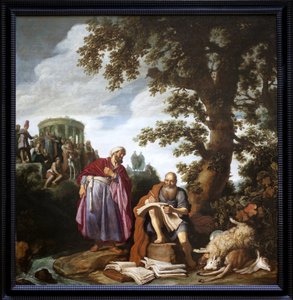 Hippokrates (fra Cos, 460-370 f.Kr.) på besøk hos Demokrit (fra Abdere, 460-370 f.Kr.). Maleri av Pieter Lastman (1583-1633), Olje på lerret