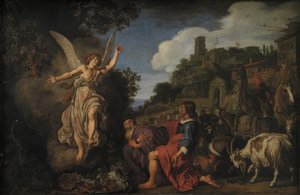 Engelen Raphael tar avskjed med gamle Tobit og hans sønn Tobias av Pieter Lastman