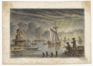 Kystutsikt med skip, mølle og en tegner av Pieter Louw (attributed to)