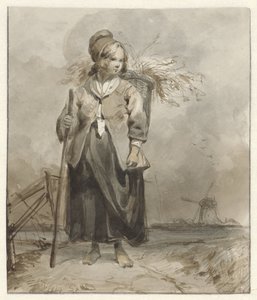 Stående kvinne med stokk og kurv på ryggen av Pieter Marinus van de Laar (attributed to)