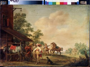 Forge (A Forge). En hovslager (hovslager) som tar på seg en hestesko. Maleri av Pieter Meulenaer (Peter eller Pierre