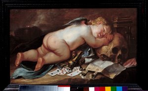 Elsker å sove på en døds hode. Maleri (Vanite) av Pieter Moninckx (1606 - 1686) Ec. Flam. av Pieter Moninckx