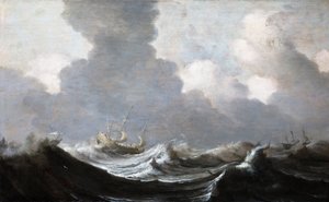 Fire fartøyer som går foran en kuling, 1630 av Pieter Mulier the Elder