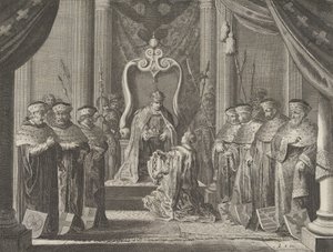 Plate 8: Keiser Maximilian II gir en krone til våpenskjoldet til Amsterdam, fra Cas..., 1638.